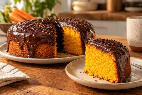 Bolo de cenoura brasileiro com cobertura de chocolate e fatia cortada