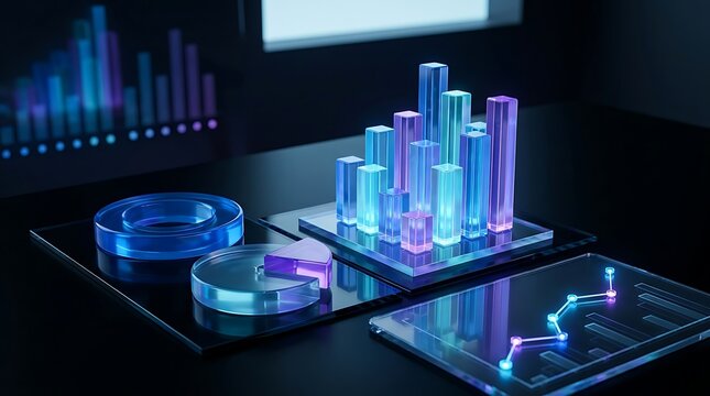 Abstract glowing glass data charts bar graphs and pie charts on a dark table with light reflections for business analytics and financial strategy.