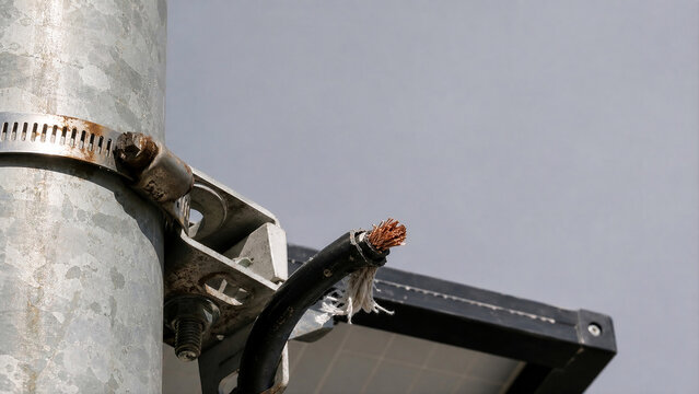 Cut Power Cable on ALPR Surveillance Camera &mdash; Vandalized Solar License Plate Reader Detail