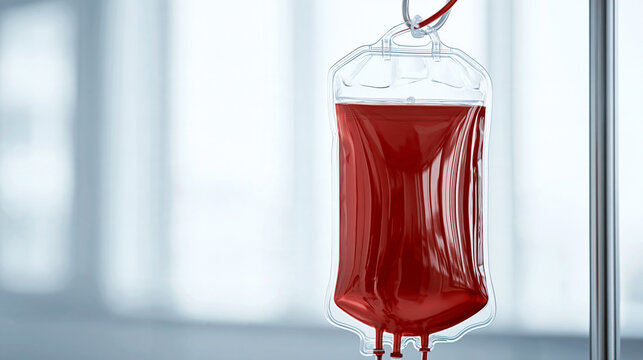 A blood bag hangs on a medical stand in a bright hospital room with soft lighting. Essential blood transfusion concept for healthcare and medical emergencies.