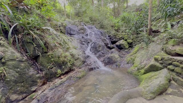 Kathu Dam waterfall water gently flowing down the rocks surrounded by lush green trees flowers and tables Patong on the Island of Phuket Thailand