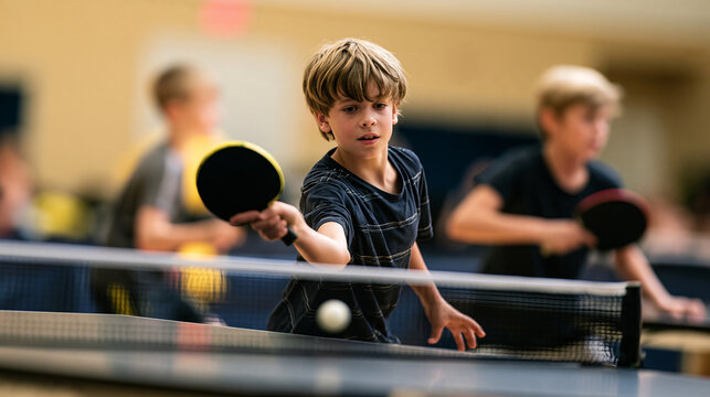 One fully clothed 10-year-old child returns a low ball across a table tennis net while another 10-year-old child prepares a backhand on the opposite side. The eye-level medium