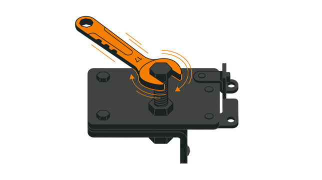 Orange adjustable wrench turning a bolt on a mechanical clamp