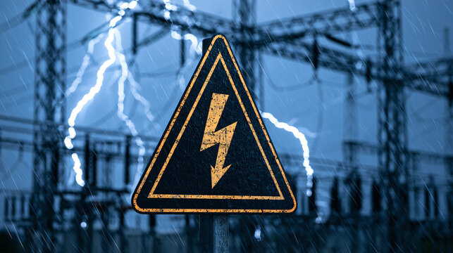 A high voltage warning sign stands in front of a power substation during a stormy night with lightning. Use for electrical hazard concepts and safety campaigns.