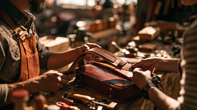 An adult leather repairer holds up a newly stitched bag strap while an adult customer gently pulls it to test its strength at the workshop counter. Warm workshop window light