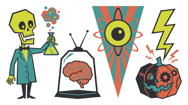 Retro halloween mad scientist elements vector set