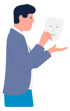 Hypocrite icon. Man hide behind face mask. Personality disguise