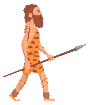 Prehistoric character walking with spear. Ancient man side view
