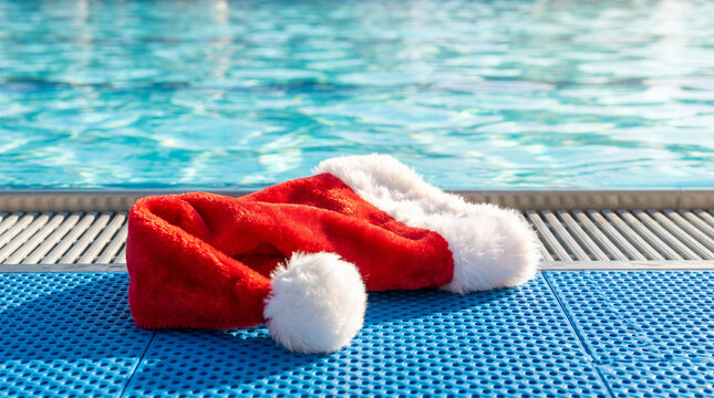 Red santa hat resting beside outdoor swimming pool for sunny tropical christmas holiday concept.