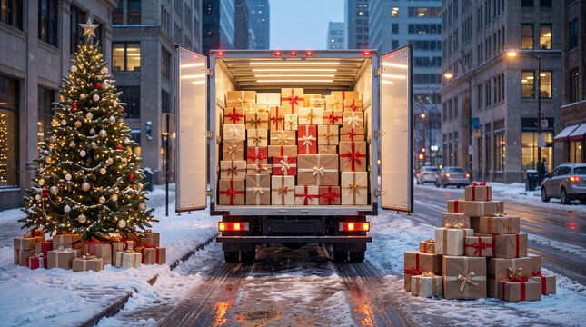 Delivery truck filled with wrapped christmas gifts parked in snowy city street for holiday distribution.