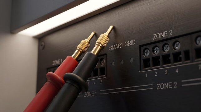 Multimeter test probes resting on a modern smart grid electrical control panel during system testing and maintenance.