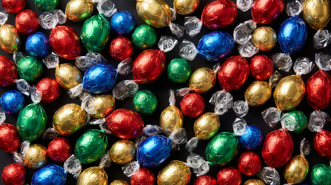 Colorful foil wrapped candies scattered across black background creating festive christmas confectionery pattern.