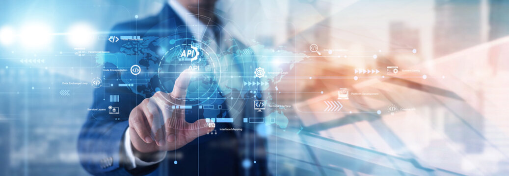 Software developer touching the concept of API, mapping data requests and seamless app connections across a network of integrated services. API advances smooth information exchange at scale.