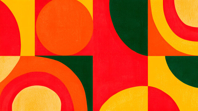 Vibrant geometric hues in shades of red, orange, yellow, and green combine to form a warm and energetic abstract composition