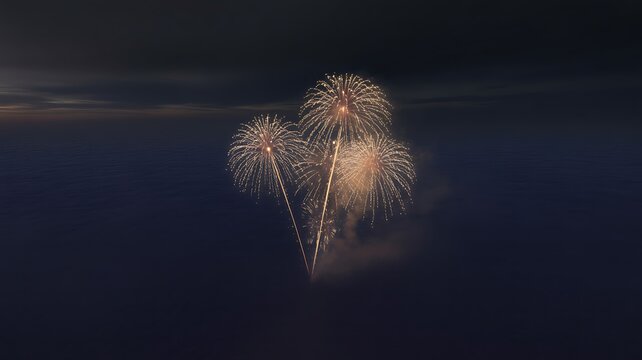 Bright colorful fireworks exploding in the dark night sky during a celebration or festive holiday event
