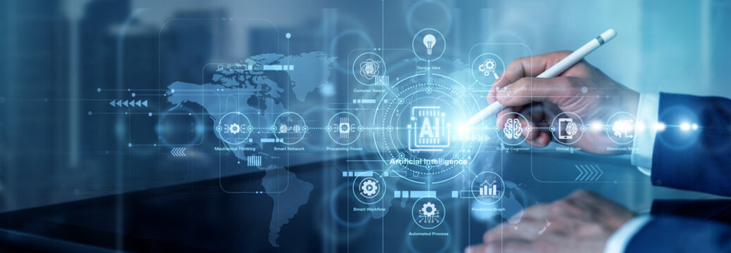 An AI researcher points at a display showing neural networks, prediction models, and intelligent data flows. Artificial Intelligence helps computers recognize patterns and support decisions.