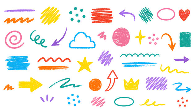 Colorful Crayon Brush Doodles with Squares, Spirals and Arrow Scribble Strokes