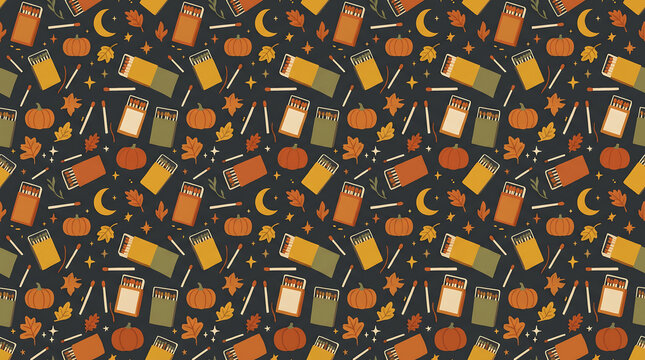 Dark Halloween Seamless Pattern with Vintage Books, Pumpkins, Candles, Stars, Crescent Moons and Autumn Icons