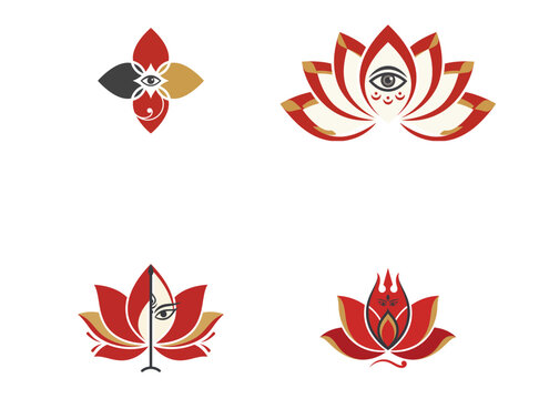 Goddess Durga divine eye, lotus, and trishul vector logo set.