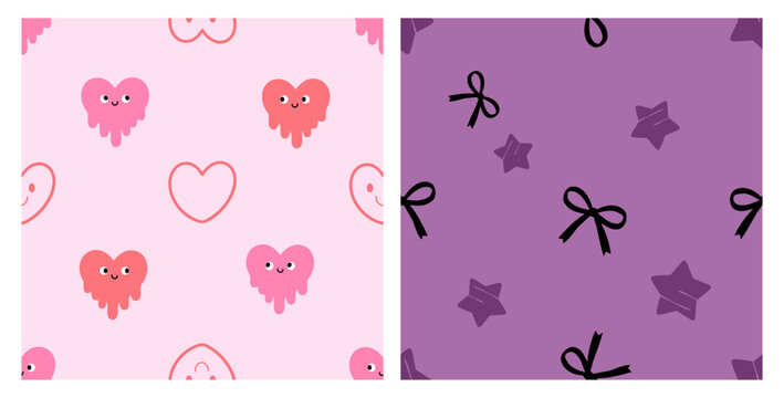 Cute seamless Halloween heart ghost and star pattern featuring playful pink dripping hearts with funny faces, outlined hearts, purple stars and black ribbon bows on soft pastel backgrounds.