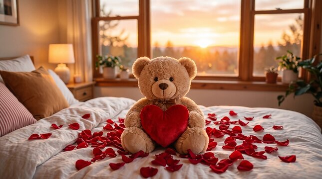 Teddy bear with a heart, romantic mood, sitting on a bed with rose petals, cozy background for Valentine's Day