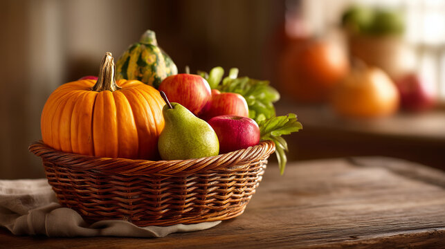 Rustic basket filled with pumpkins, apples, pears and autumn vegetables on a wooden table, creating a warm seasonal harvest scene with natural farmhouse styling.