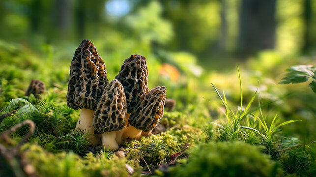 Close-up of wild morel mushrooms growing among moss and greenery on the forest floor, with soft natural light and shallow depth of field. Ideal for food, nature, foraging and spring concepts.