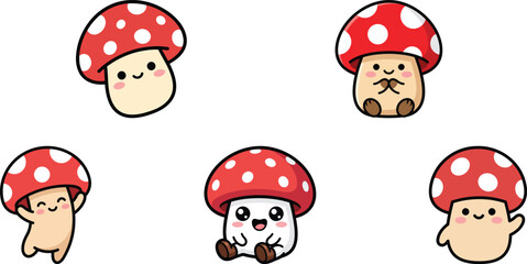 Obraz premium Mushroom Sticker Set of 5 Cartoon Toadstool Characters with Red Caps