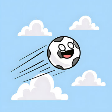 With a whimsical face, the soccer ball zips through the sky, mimicking the movement of clouds. A simple cartoon drawing captures both the action and the sport, suitable for playful graphic art that ki