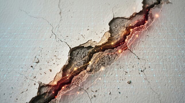 a large structural crack on a concrete wall with digital grid lines and glowing analysis energy.