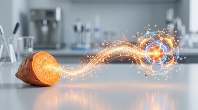 a sliced sweet potato emitting glowing energy particles connecting to molecular nutrient structures on a white table.