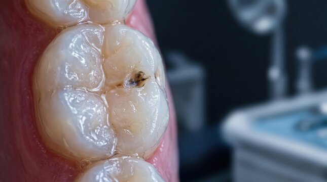 molar tooth showing tooth decay and cavity dental problem.