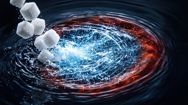 sugar cubes falling into water creating ripples and glowing light for nutrition and health.