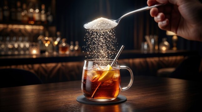 a person pouring sugar from a spoon into a glass of iced lemon tea on a wooden table.