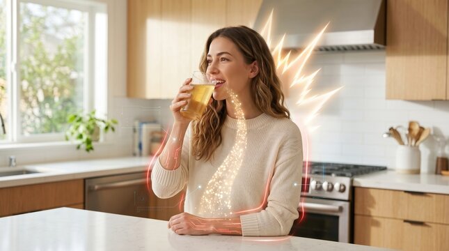 a smiling woman drinking a healthy beverage in a kitchen with glowing energy lines flowing into her body.
