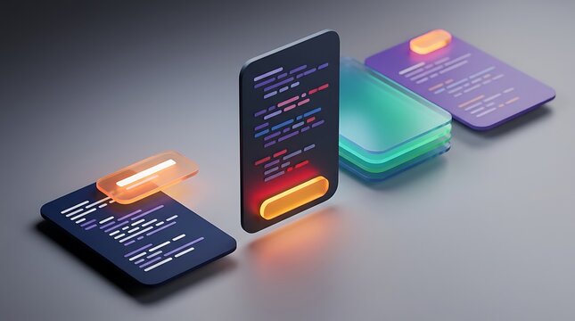 Abstract concept of digital code displayed on 3d screens representing programming and software development with glowing buttons for ui ux design.