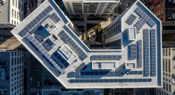 Modern Apartment Building Rooftop Solar Panel Installation
