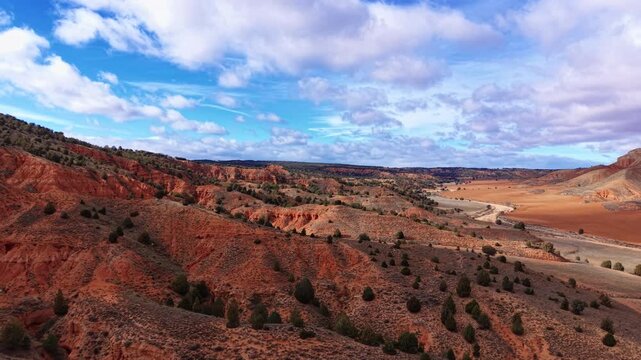 Sweeping view of red sandstone canyon landscape with eroded rock formations, scattered juniper trees, dry valley floor, and dramatic cloudy blue sky in American Southwest