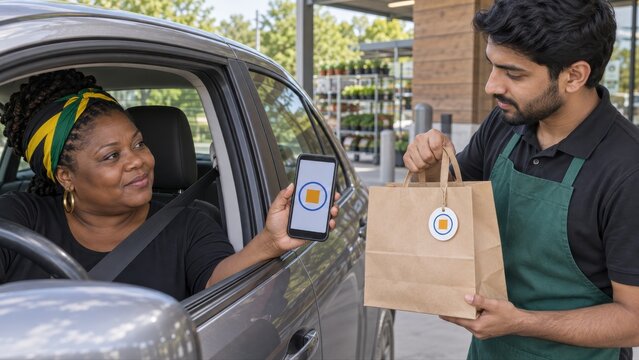 Driver presents a phone collection token through a parked car window while a shop clerk compares it with the matching marker on a prepared paper bag before curbside handover