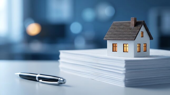 Miniature house replica placed on high stack of white business papers near elegant pen on desk representing property ownership investment and mortgage process.
