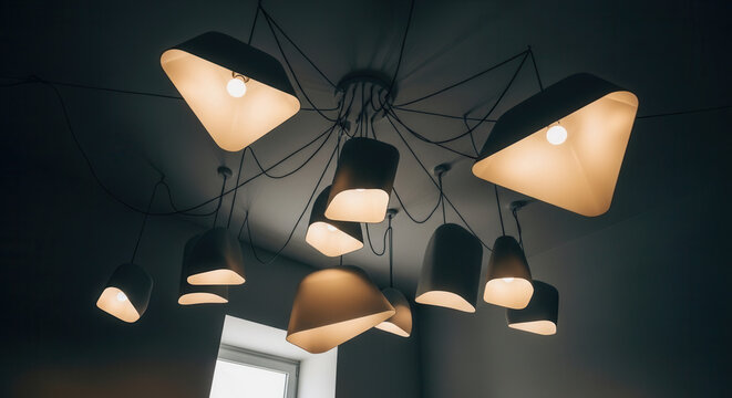 Modern Chandelier With Multiple Dangling Lamps In Dark Room