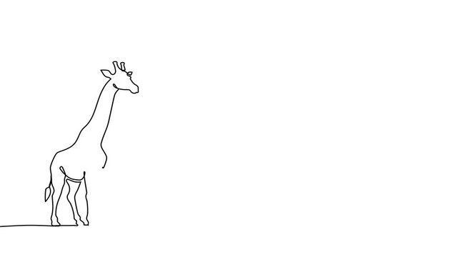 One-line art featuring giraffe silhouette in monoline technique. Minimalist safari animal illustration with hand-drawn charm, ideal for children's room decor and zoo designs.