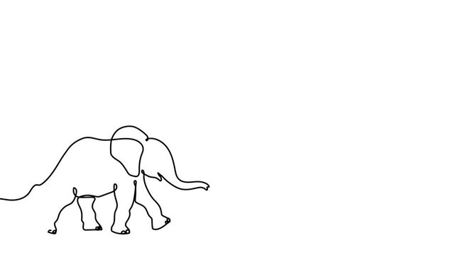 Continuous line drawing of elephant head in minimalist style. One-line art logo featuring wildlife animal icon with trunk detail on white background.