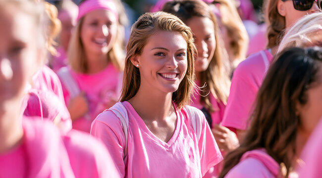 Women and individuals wearing pink shirts for a charity walk to raise awareness about breast cancer hosted a health event