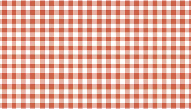 Terracotta red and white checkered tablecloth pattern background. Seamless gingham fabric texture, retro picnic textile design, country style checkered illustration for culinary, rustic project.