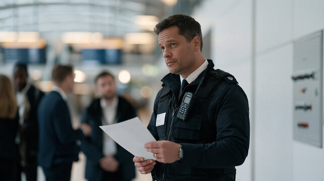 An airport security screening officer debriefs colleagues after a complex shift in an empty terminal corridor, a large control panel with switches visible along the far wall,