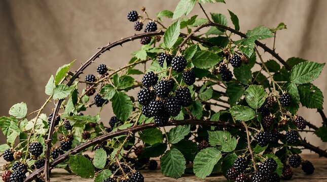Detailed botanical study of a blackberry bramble with ripe dark berries and green leaves on a neutral background with thorny stems and organic textures