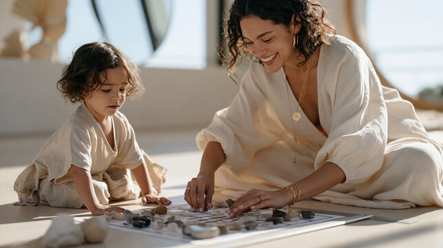 A young child watches from low angle as a crystal therapy practitioner apologizes and adjusts a misplaced stone arrangement, a ruler measuring the grid precisely on a minimalist