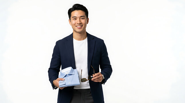 A smiling Asian man wearing a dark blue blazer over a white t-shirt holds a folded light blue shirt and sunglasses.
