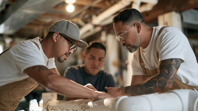 A radon mitigation installer patiently teaches a newly hired assistant the piping technique inside a vibrant basement workshop, a dusty PVC surface catching overhead light as the